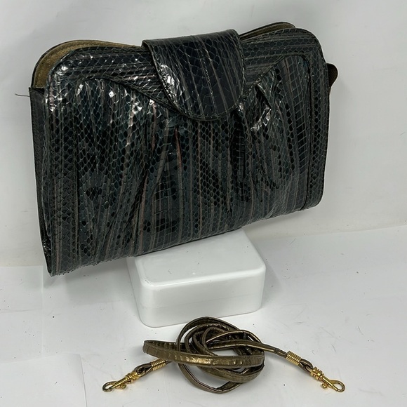 J Renee Gray Green Python Zip Top Vintage Clutch Shoulder Bag - Picture 1 of 14